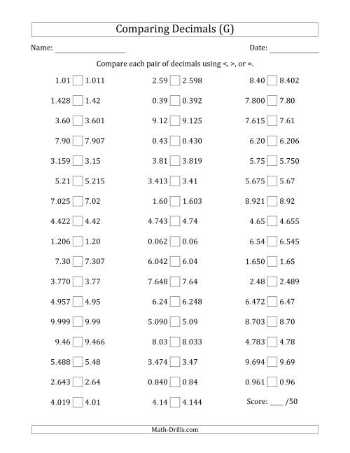 The Comparing Decimals Up to Thousandths (One Number Has an Extra Digit) (G) Math Worksheet