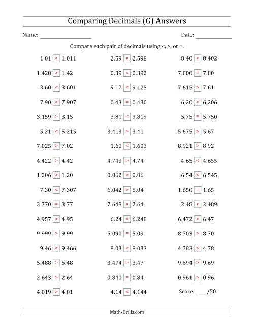 The Comparing Decimals Up to Thousandths (One Number Has an Extra Digit) (G) Math Worksheet Page 2