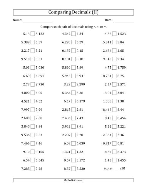 The Comparing Decimals Up to Thousandths (One Number Has an Extra Digit) (H) Math Worksheet