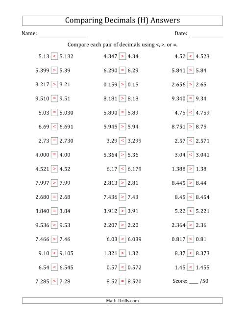 The Comparing Decimals Up to Thousandths (One Number Has an Extra Digit) (H) Math Worksheet Page 2
