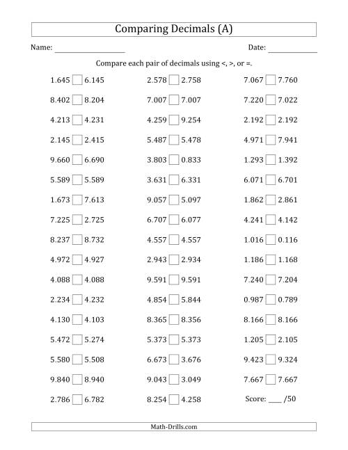 The Comparing Decimals Up to Thousandths (Two Digits Swapped) (A) Math Worksheet
