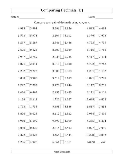 The Comparing Decimals Up to Thousandths (Two Digits Swapped) (B) Math Worksheet