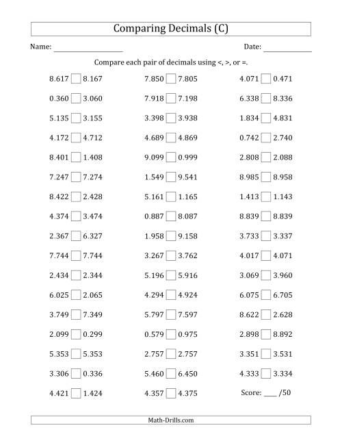 The Comparing Decimals Up to Thousandths (Two Digits Swapped) (C) Math Worksheet