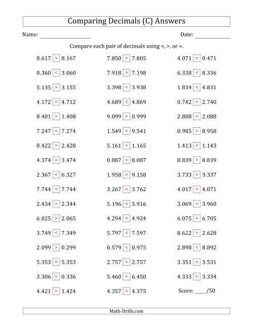 The Comparing Decimals Up to Thousandths (Two Digits Swapped) (C) Math Worksheet Page 2