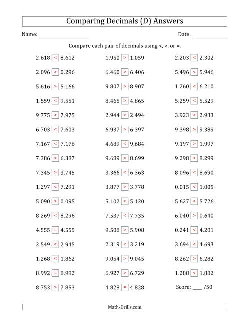 The Comparing Decimals Up to Thousandths (Two Digits Swapped) (D) Math Worksheet Page 2