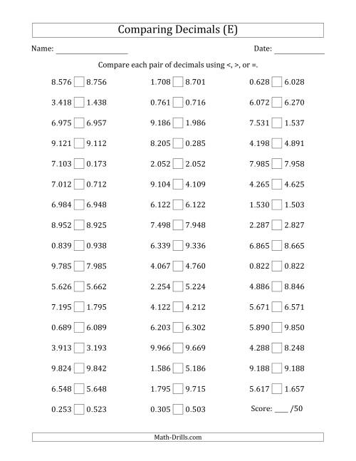 The Comparing Decimals Up to Thousandths (Two Digits Swapped) (E) Math Worksheet