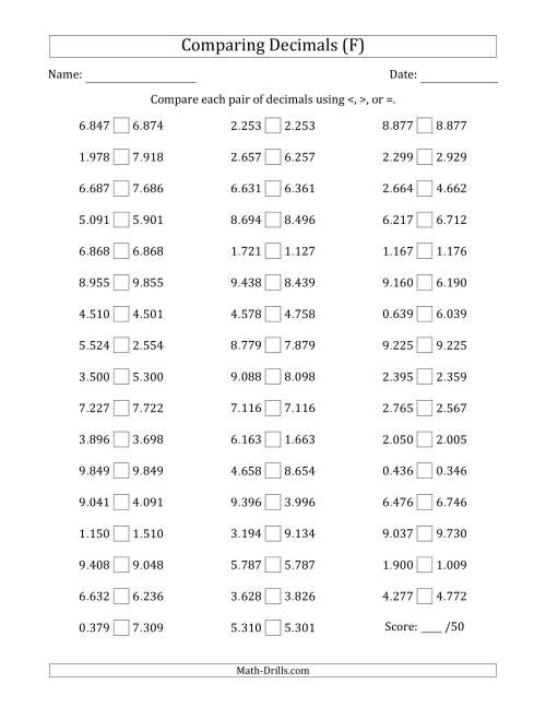 The Comparing Decimals Up to Thousandths (Two Digits Swapped) (F) Math Worksheet