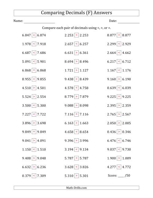 The Comparing Decimals Up to Thousandths (Two Digits Swapped) (F) Math Worksheet Page 2