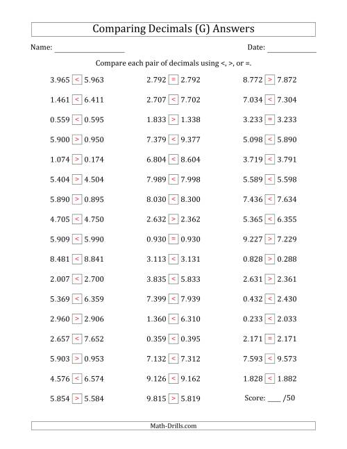 The Comparing Decimals Up to Thousandths (Two Digits Swapped) (G) Math Worksheet Page 2