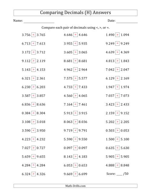 The Comparing Decimals Up to Thousandths (Two Digits Swapped) (H) Math Worksheet Page 2