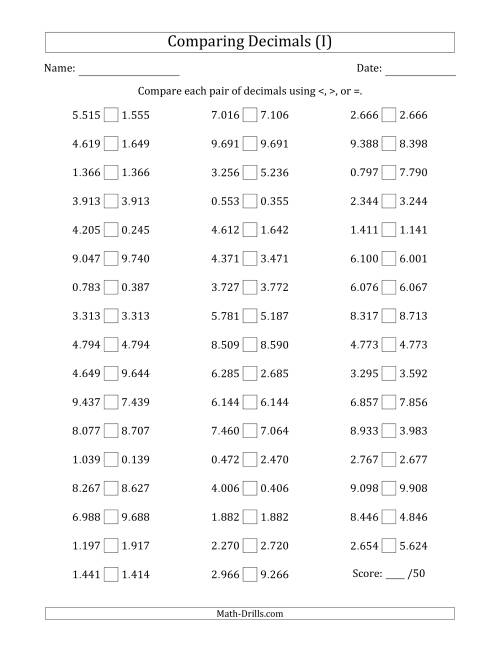 The Comparing Decimals Up to Thousandths (Two Digits Swapped) (I) Math Worksheet