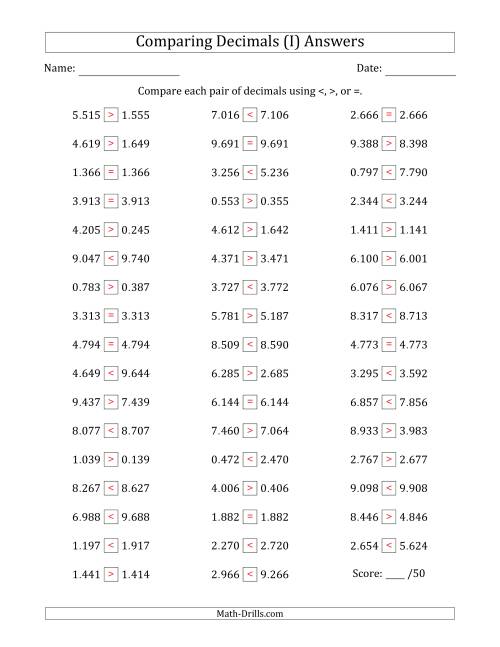 The Comparing Decimals Up to Thousandths (Two Digits Swapped) (I) Math Worksheet Page 2