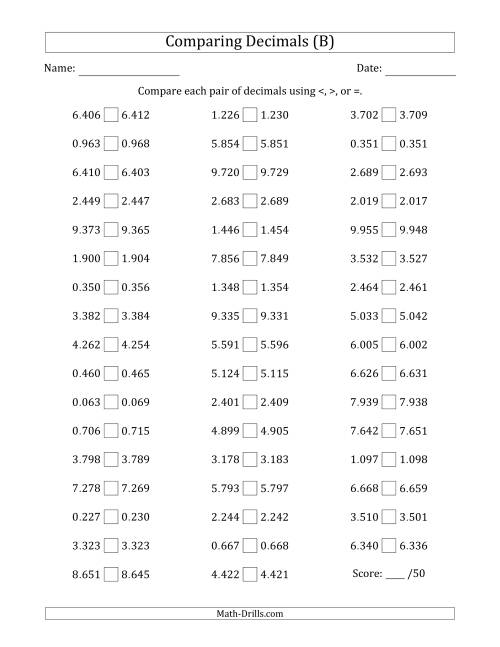 The Comparing Decimals Up to Thousandths (Both Numbers Close in Value) (B) Math Worksheet