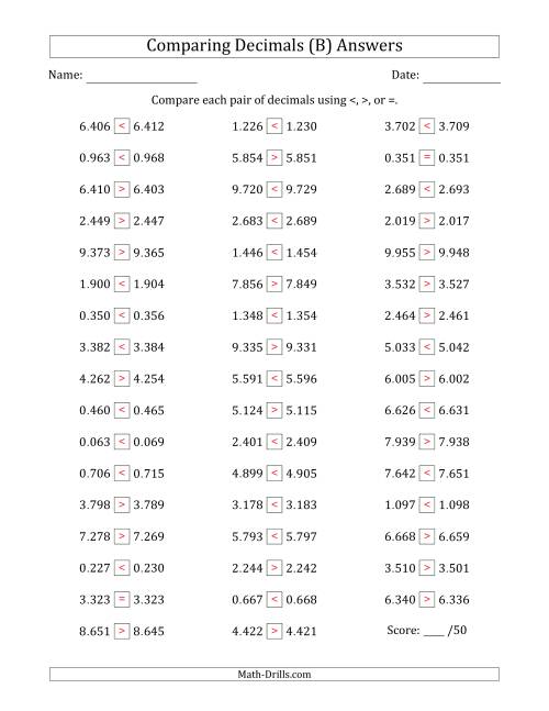 The Comparing Decimals Up to Thousandths (Both Numbers Close in Value) (B) Math Worksheet Page 2