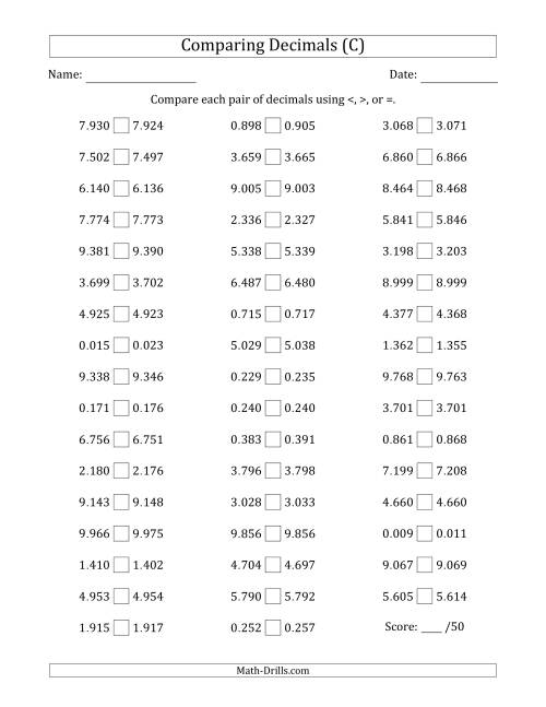 The Comparing Decimals Up to Thousandths (Both Numbers Close in Value) (C) Math Worksheet