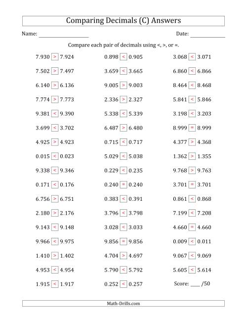 The Comparing Decimals Up to Thousandths (Both Numbers Close in Value) (C) Math Worksheet Page 2