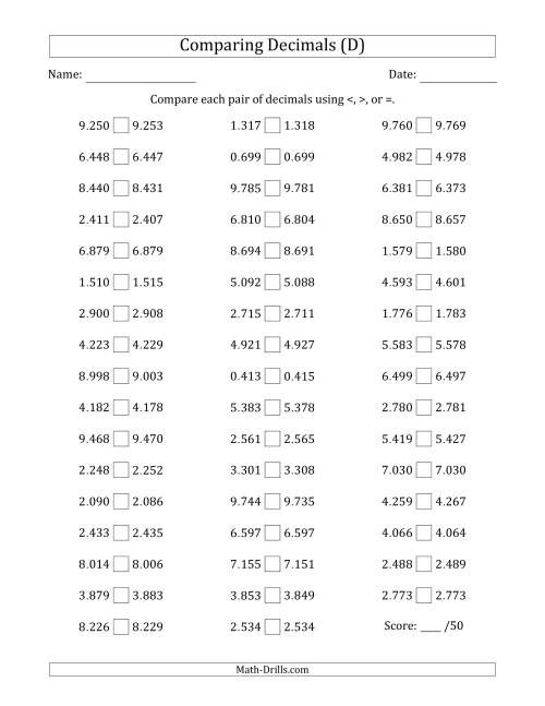 The Comparing Decimals Up to Thousandths (Both Numbers Close in Value) (D) Math Worksheet