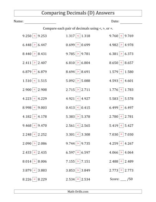 The Comparing Decimals Up to Thousandths (Both Numbers Close in Value) (D) Math Worksheet Page 2
