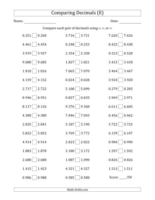 The Comparing Decimals Up to Thousandths (Both Numbers Close in Value) (E) Math Worksheet