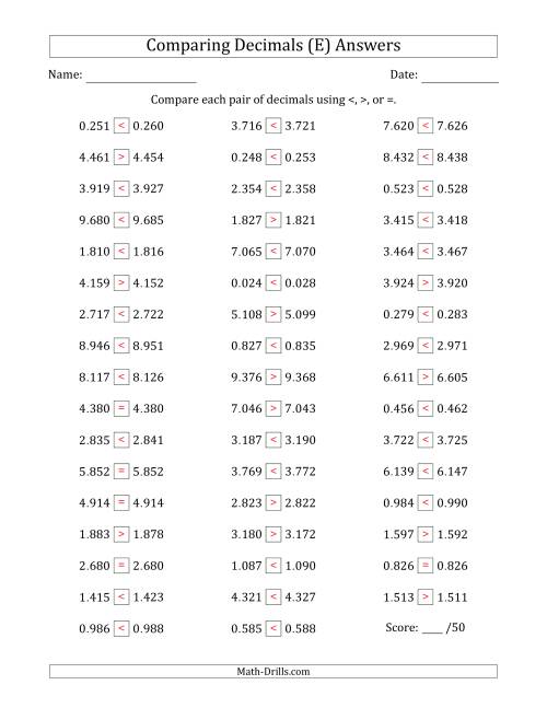 The Comparing Decimals Up to Thousandths (Both Numbers Close in Value) (E) Math Worksheet Page 2