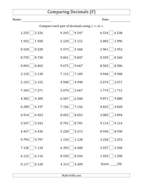 The Comparing Decimals Up to Thousandths (Both Numbers Close in Value) (F) Math Worksheet
