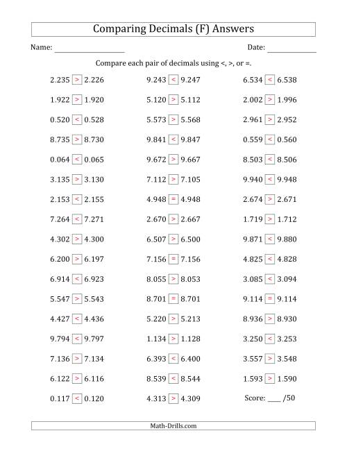 The Comparing Decimals Up to Thousandths (Both Numbers Close in Value) (F) Math Worksheet Page 2