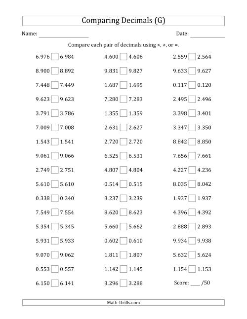 The Comparing Decimals Up to Thousandths (Both Numbers Close in Value) (G) Math Worksheet