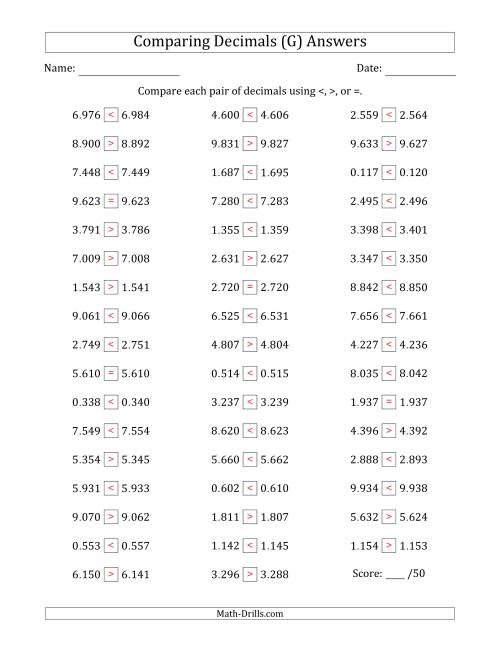 The Comparing Decimals Up to Thousandths (Both Numbers Close in Value) (G) Math Worksheet Page 2