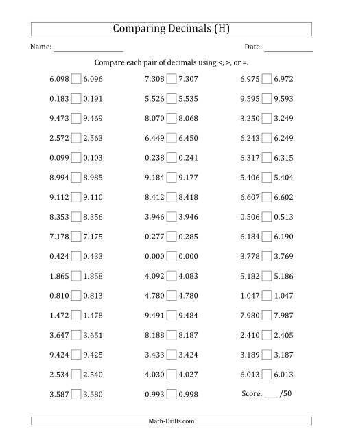 The Comparing Decimals Up to Thousandths (Both Numbers Close in Value) (H) Math Worksheet