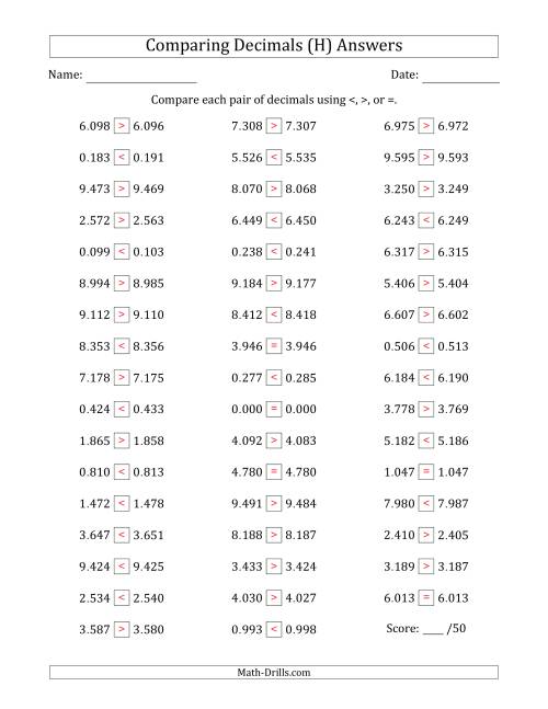 The Comparing Decimals Up to Thousandths (Both Numbers Close in Value) (H) Math Worksheet Page 2