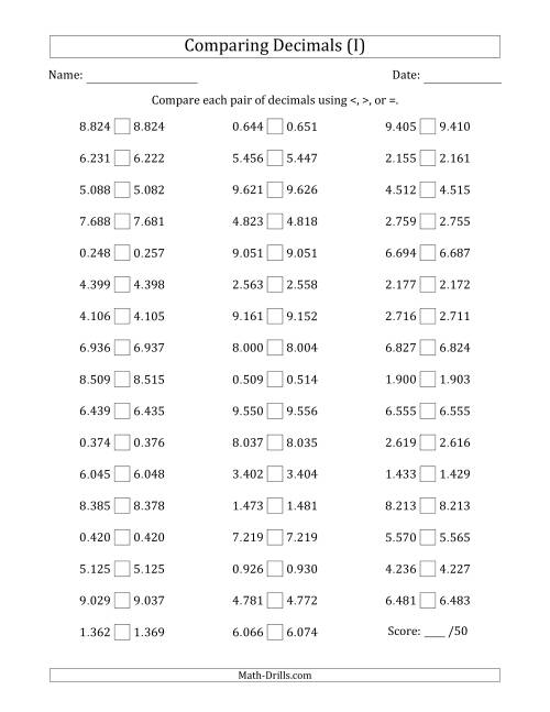 The Comparing Decimals Up to Thousandths (Both Numbers Close in Value) (I) Math Worksheet