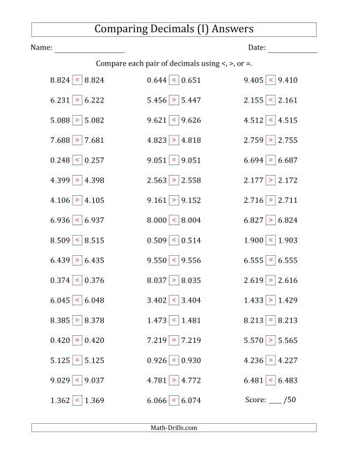 The Comparing Decimals Up to Thousandths (Both Numbers Close in Value) (I) Math Worksheet Page 2