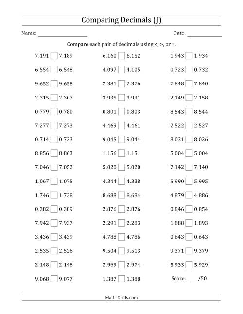 The Comparing Decimals Up to Thousandths (Both Numbers Close in Value) (J) Math Worksheet