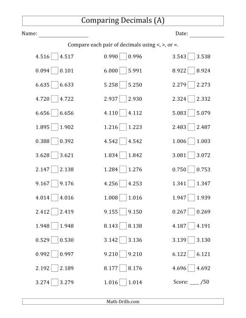 The Comparing Decimals Up to Thousandths (Both Numbers Close in Value) (All) Math Worksheet