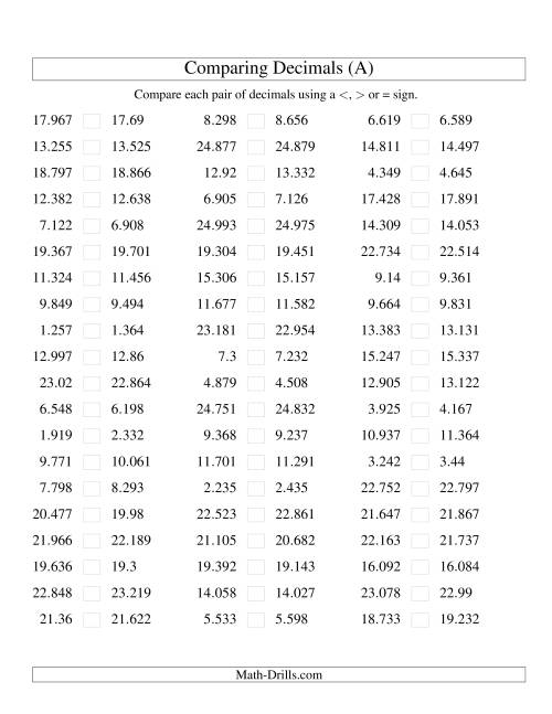 The Comparing Decimals to Thousandths -- Tight Range (Old) Math Worksheet