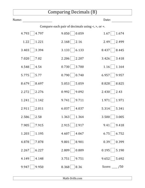 The Comparing Decimals Up to Thousandths (Various Tricks) (B) Math Worksheet