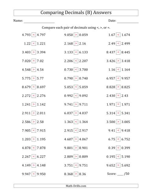 The Comparing Decimals Up to Thousandths (Various Tricks) (B) Math Worksheet Page 2
