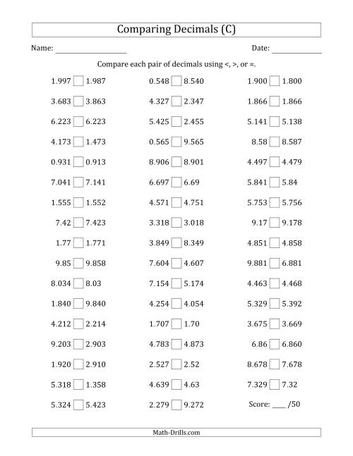The Comparing Decimals Up to Thousandths (Various Tricks) (C) Math Worksheet