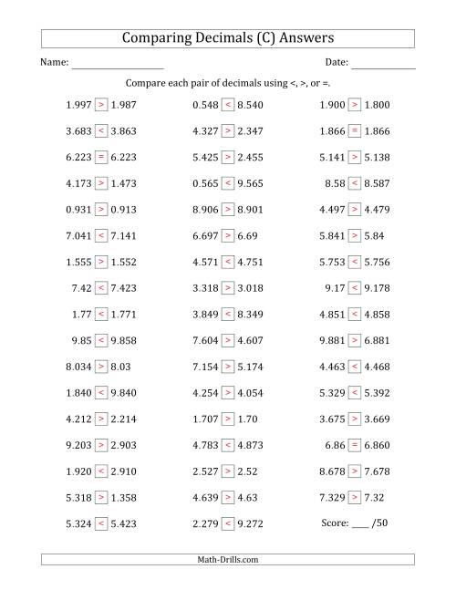 The Comparing Decimals Up to Thousandths (Various Tricks) (C) Math Worksheet Page 2