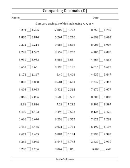 The Comparing Decimals Up to Thousandths (Various Tricks) (D) Math Worksheet