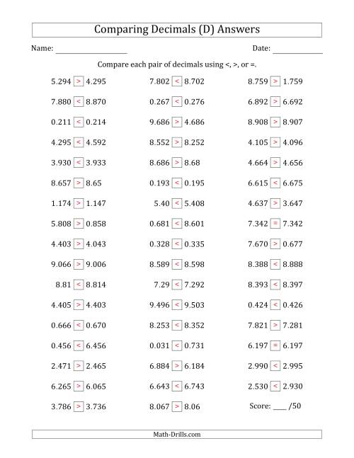 The Comparing Decimals Up to Thousandths (Various Tricks) (D) Math Worksheet Page 2