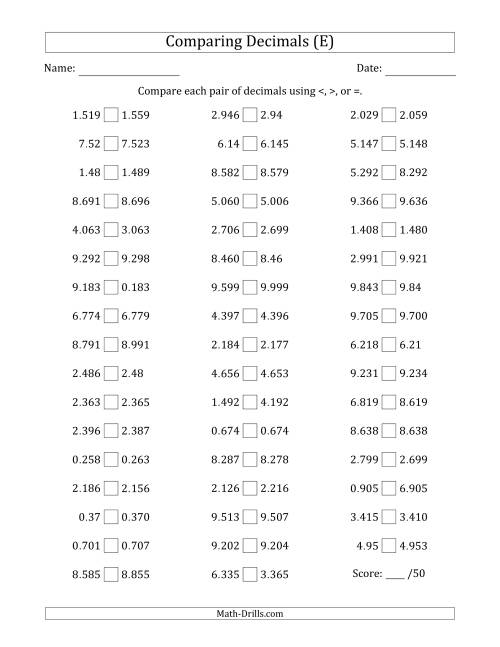 The Comparing Decimals Up to Thousandths (Various Tricks) (E) Math Worksheet