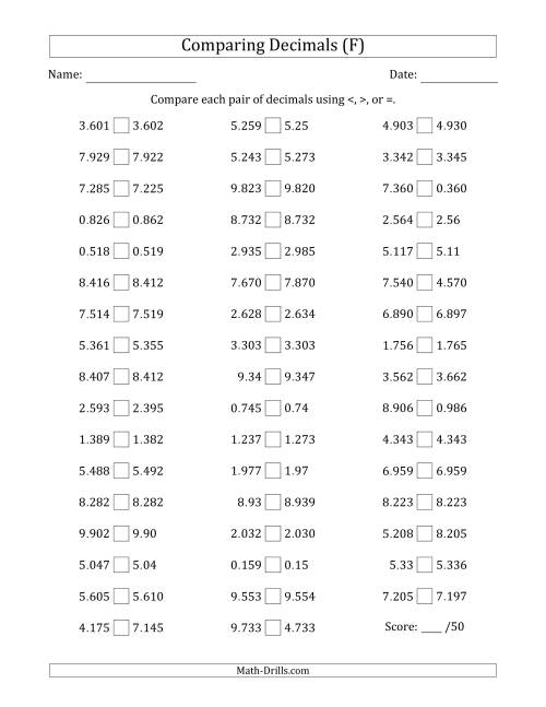 The Comparing Decimals Up to Thousandths (Various Tricks) (F) Math Worksheet