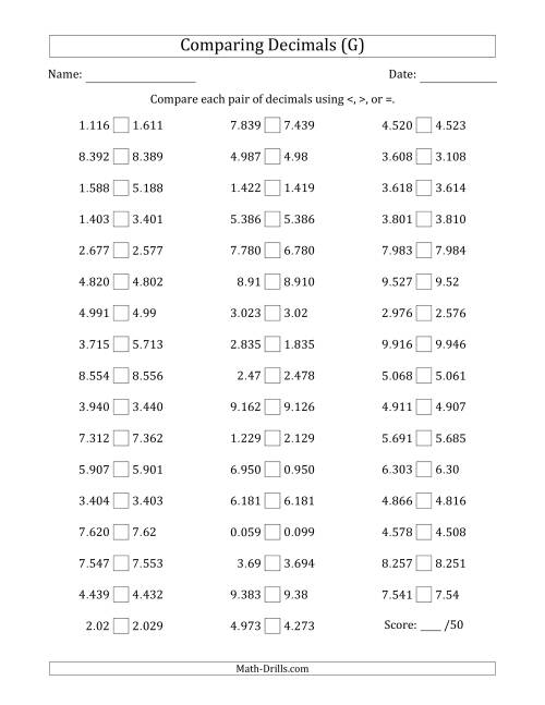 The Comparing Decimals Up to Thousandths (Various Tricks) (G) Math Worksheet