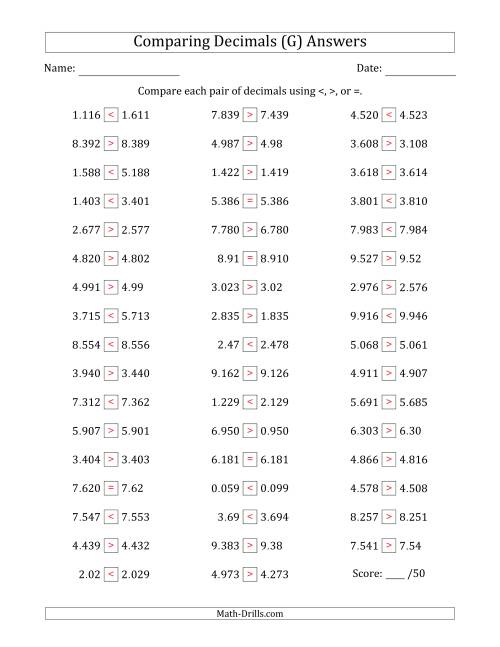The Comparing Decimals Up to Thousandths (Various Tricks) (G) Math Worksheet Page 2