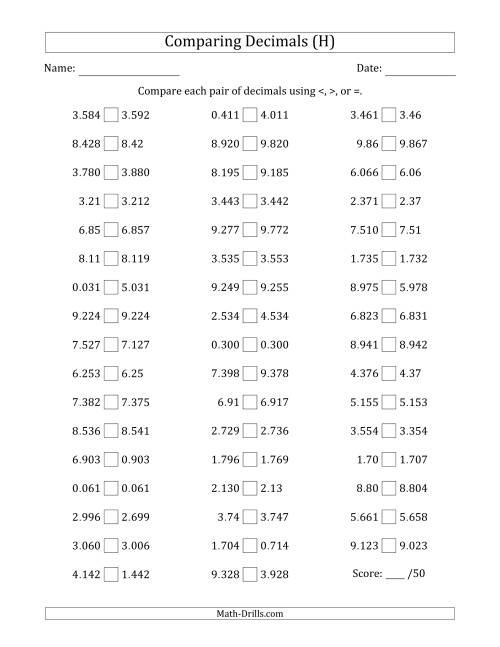 The Comparing Decimals Up to Thousandths (Various Tricks) (H) Math Worksheet
