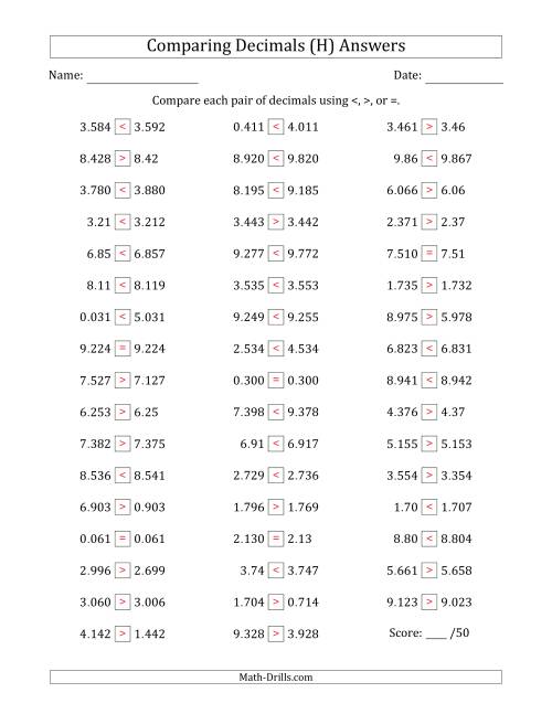 The Comparing Decimals Up to Thousandths (Various Tricks) (H) Math Worksheet Page 2