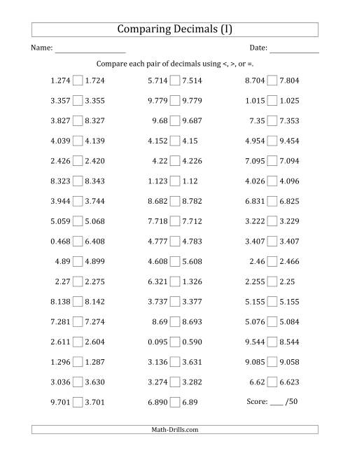 The Comparing Decimals Up to Thousandths (Various Tricks) (I) Math Worksheet