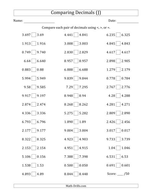 The Comparing Decimals Up to Thousandths (Various Tricks) (J) Math Worksheet