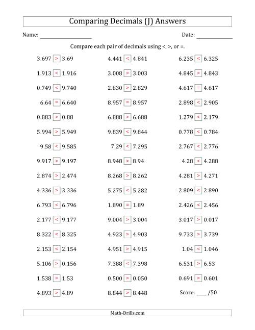 The Comparing Decimals Up to Thousandths (Various Tricks) (J) Math Worksheet Page 2